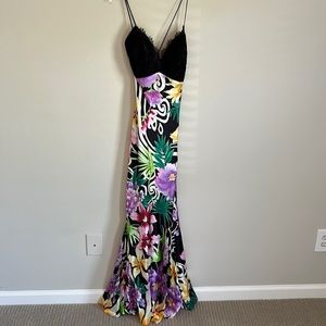 Mary L. Couture long silk floral dress with black lace detail on top.